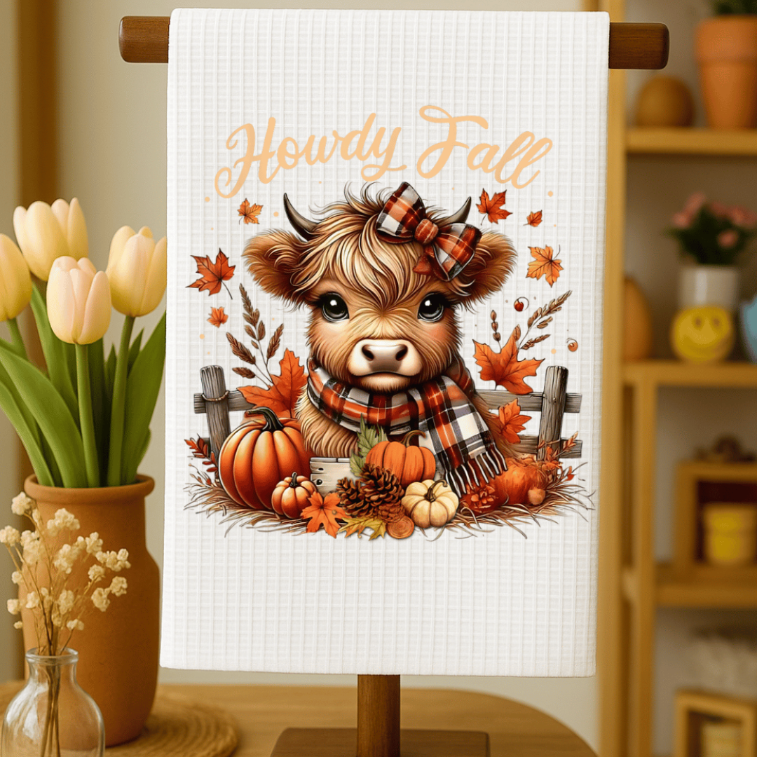 Howdy Fall Highland Cow with Fall Leaves Microfiber Decorative Towel