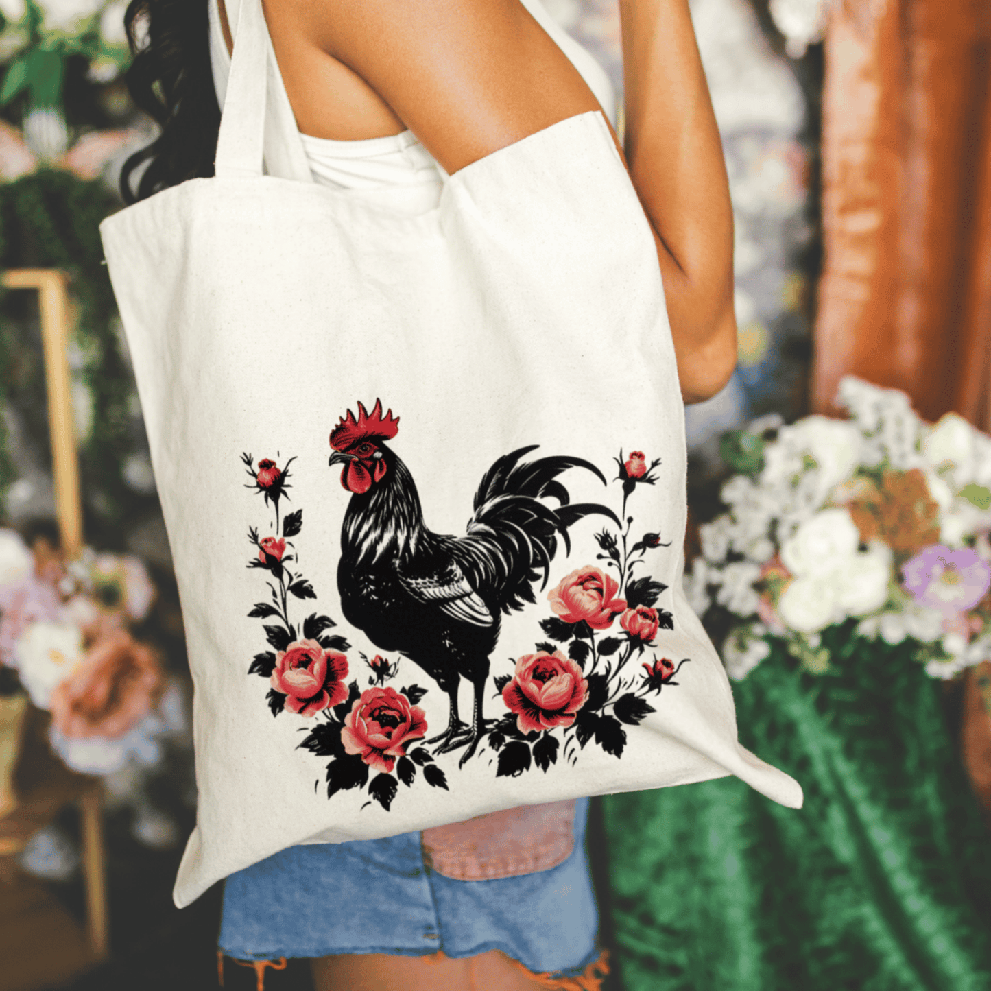 Floral Chicken 15x16 Canvas Tote