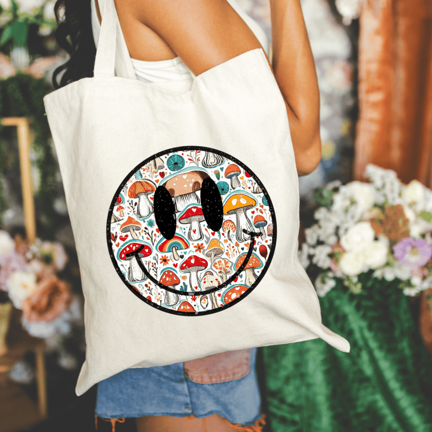 Smiley Face Mushrooms 15x16 Canvas Tote Bag