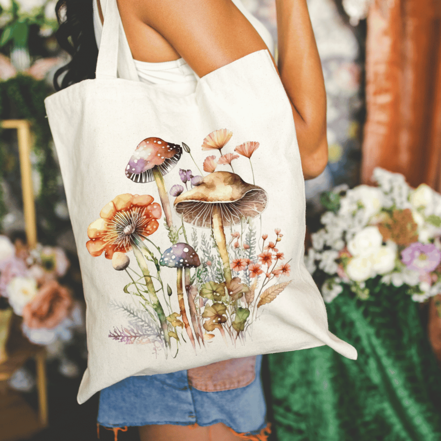 Mushrooms and Flowers 15x16 Canvas Tote Bag