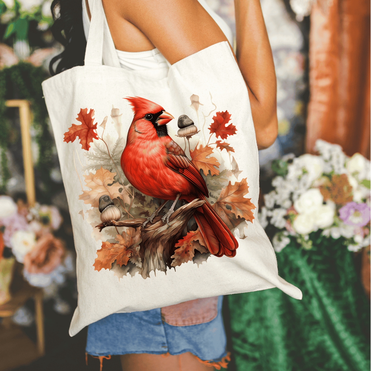 Cardinal And Mushrooms 15x16 Canvas Tote Bag