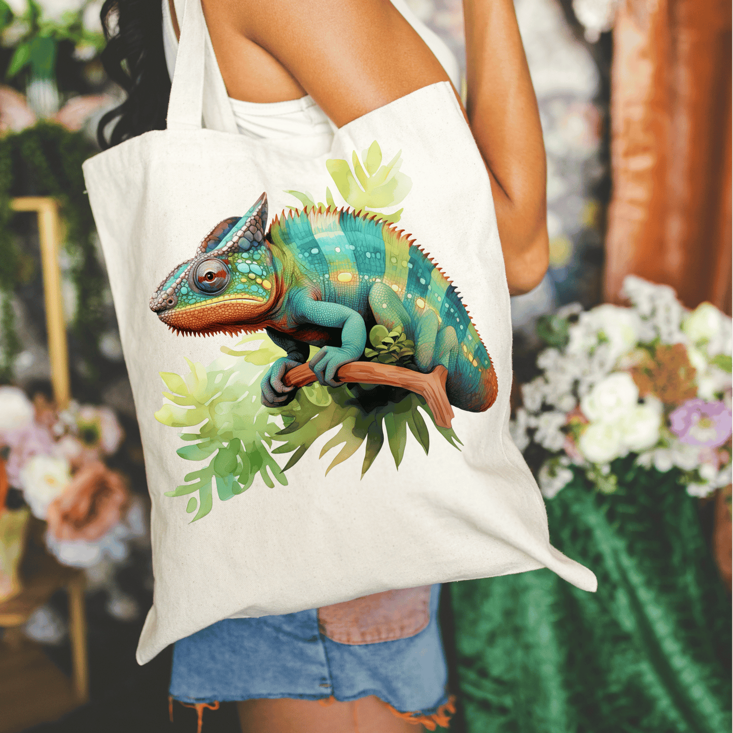 Tropical Chameleon 15x16 Canvas Tote Bag