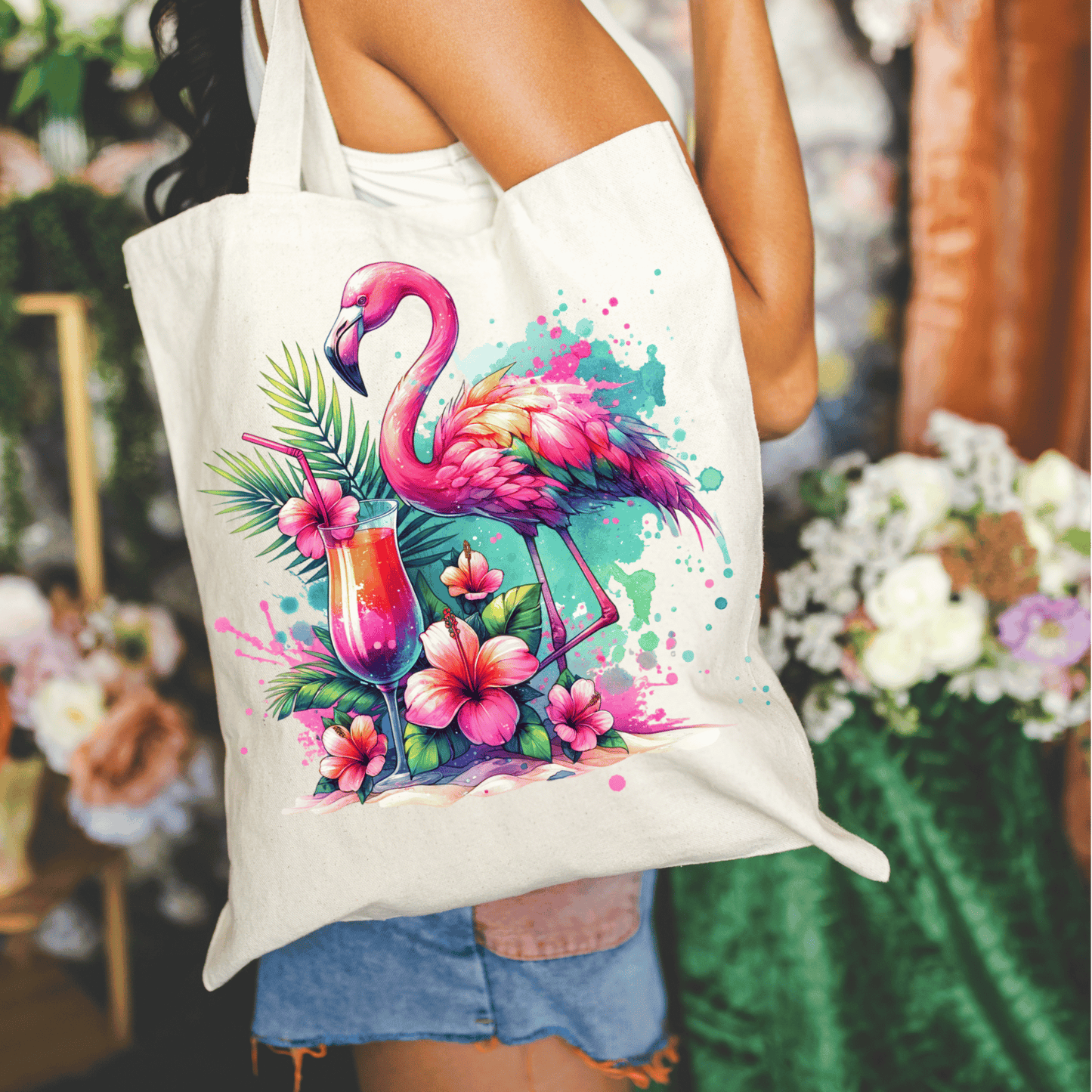 Tropical Flamingo Watercolor 15x16 Canvas Tote Bag