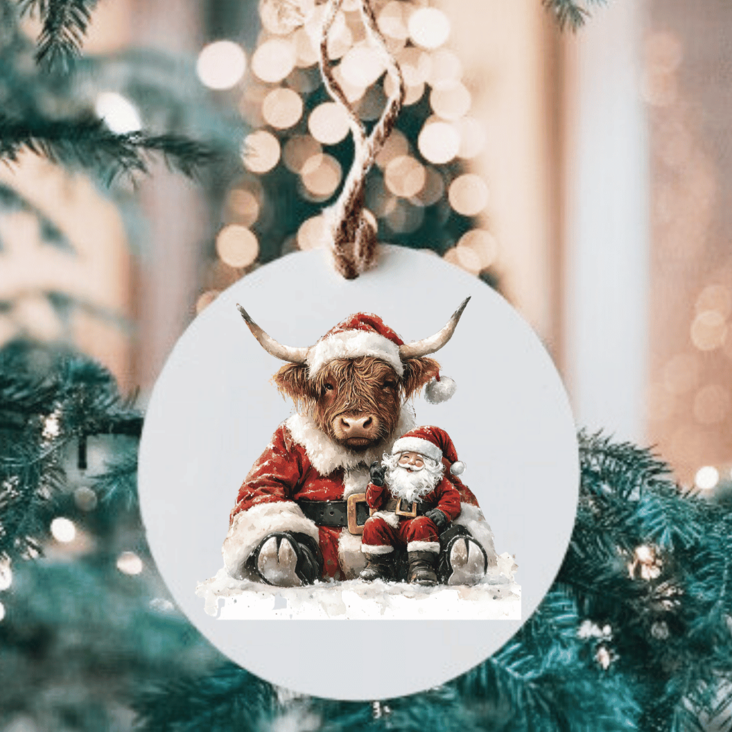 Highlander Cow Santa Large Metal Ornament