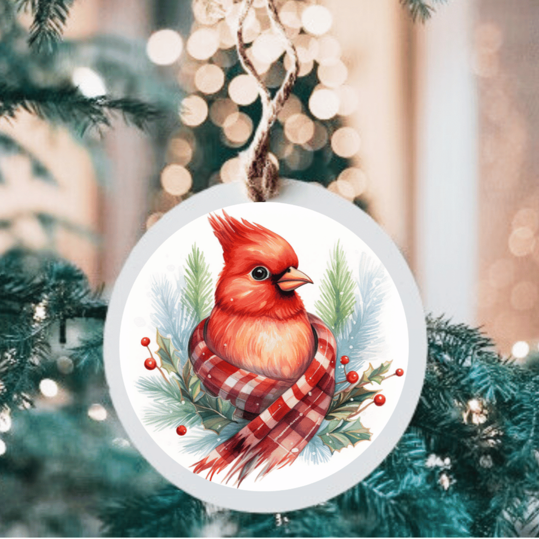 Cardinal with Scarf Large Metal Ornament