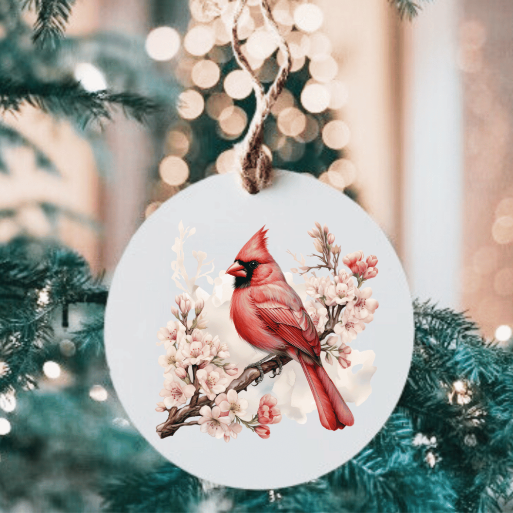 Cardinal With Cherry Blossom Large Metal Ornament