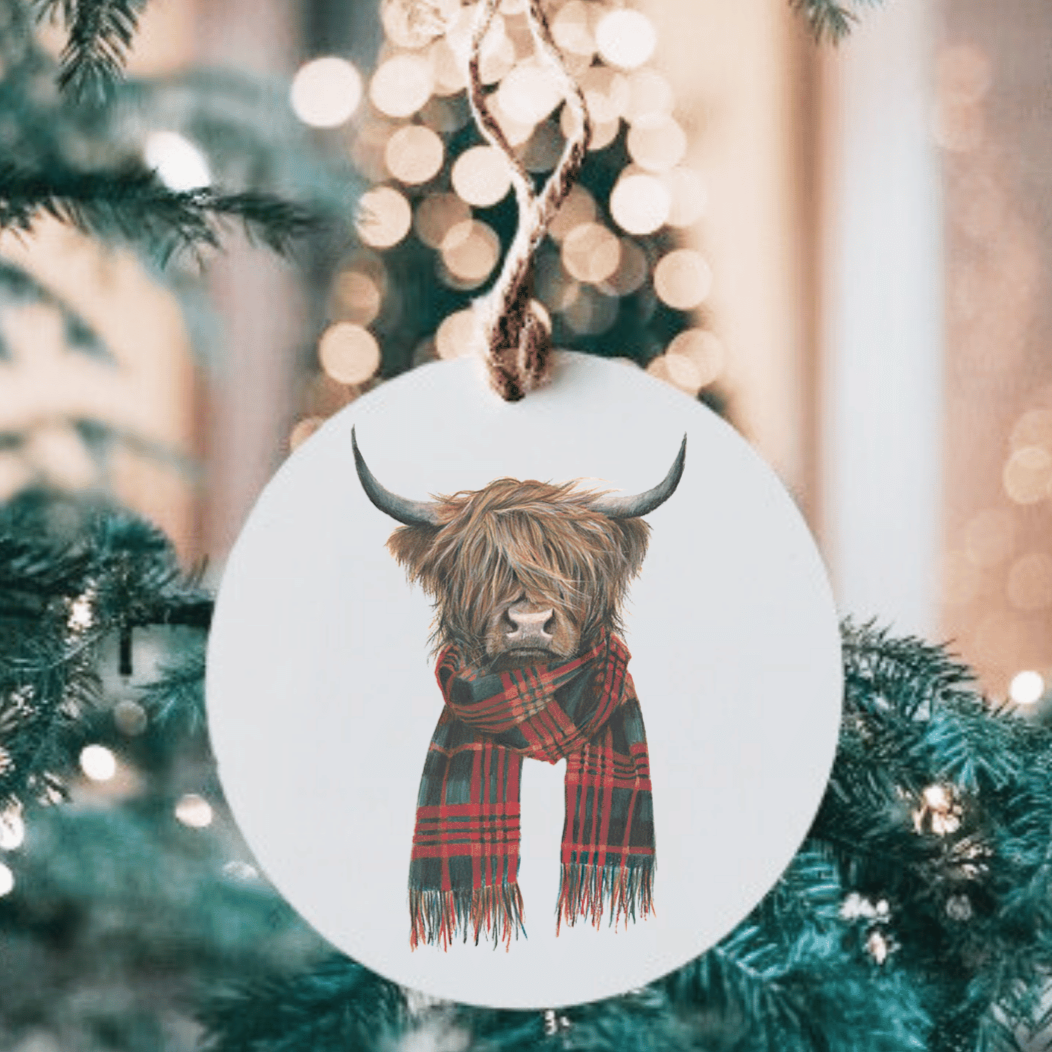 Highland Cow With Scarf Small MDF Wood Ornament