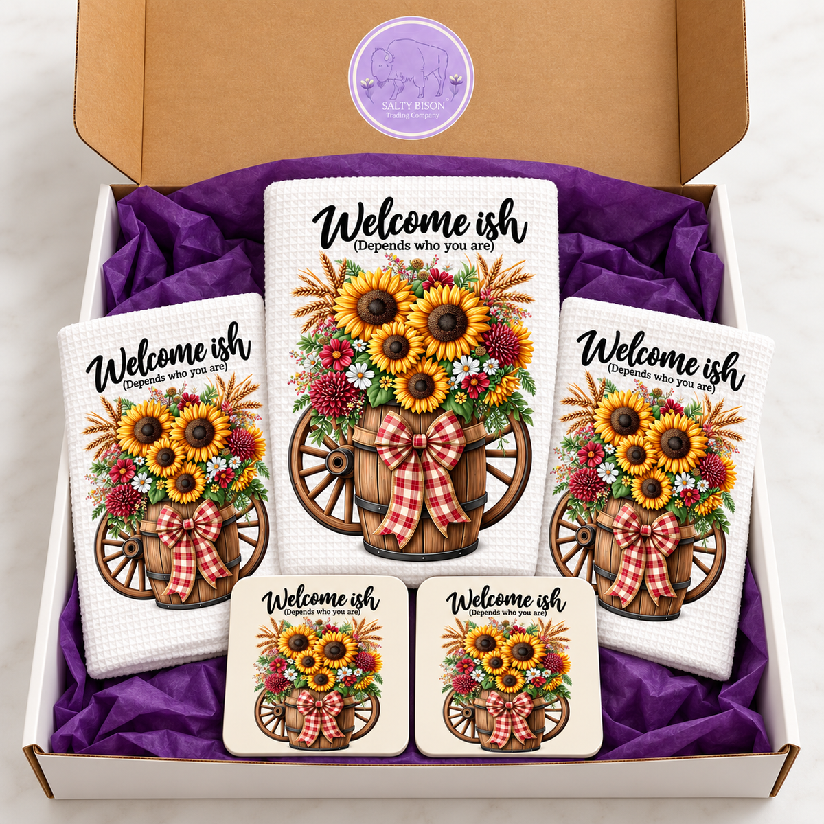Welcome-ish sunflower gift set packed with purple tissue in Salty Bison box