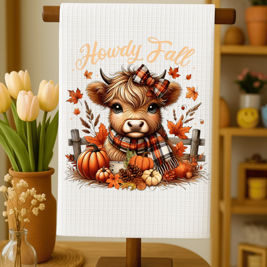 Howdy Fall Highland Cow with Fall Leaves Microfiber Decorative Towel