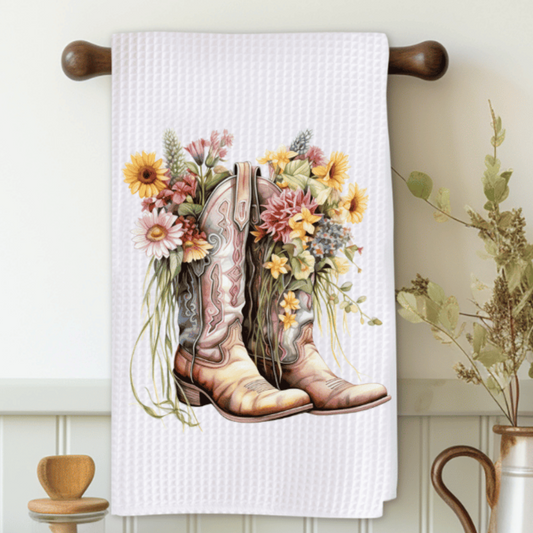 Floral Western Cowboy Boots Microfiber Decorative Towel