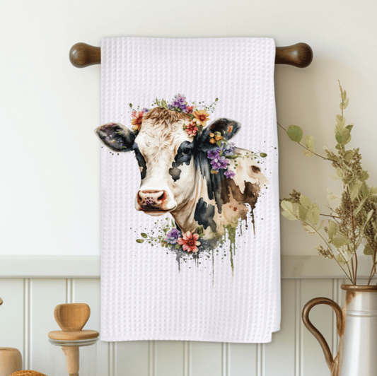 Black And White Cow with Flowers Microfiber Decorative Towel