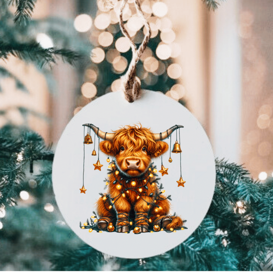 Highlander Cow with Lights Large Metal Ornament