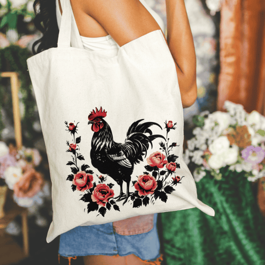 Floral Chicken 15x16 Canvas Tote