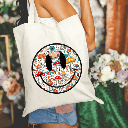 Smiley Face Mushrooms 15x16 Canvas Tote Bag