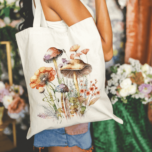 Mushrooms and Flowers 15x16 Canvas Tote Bag