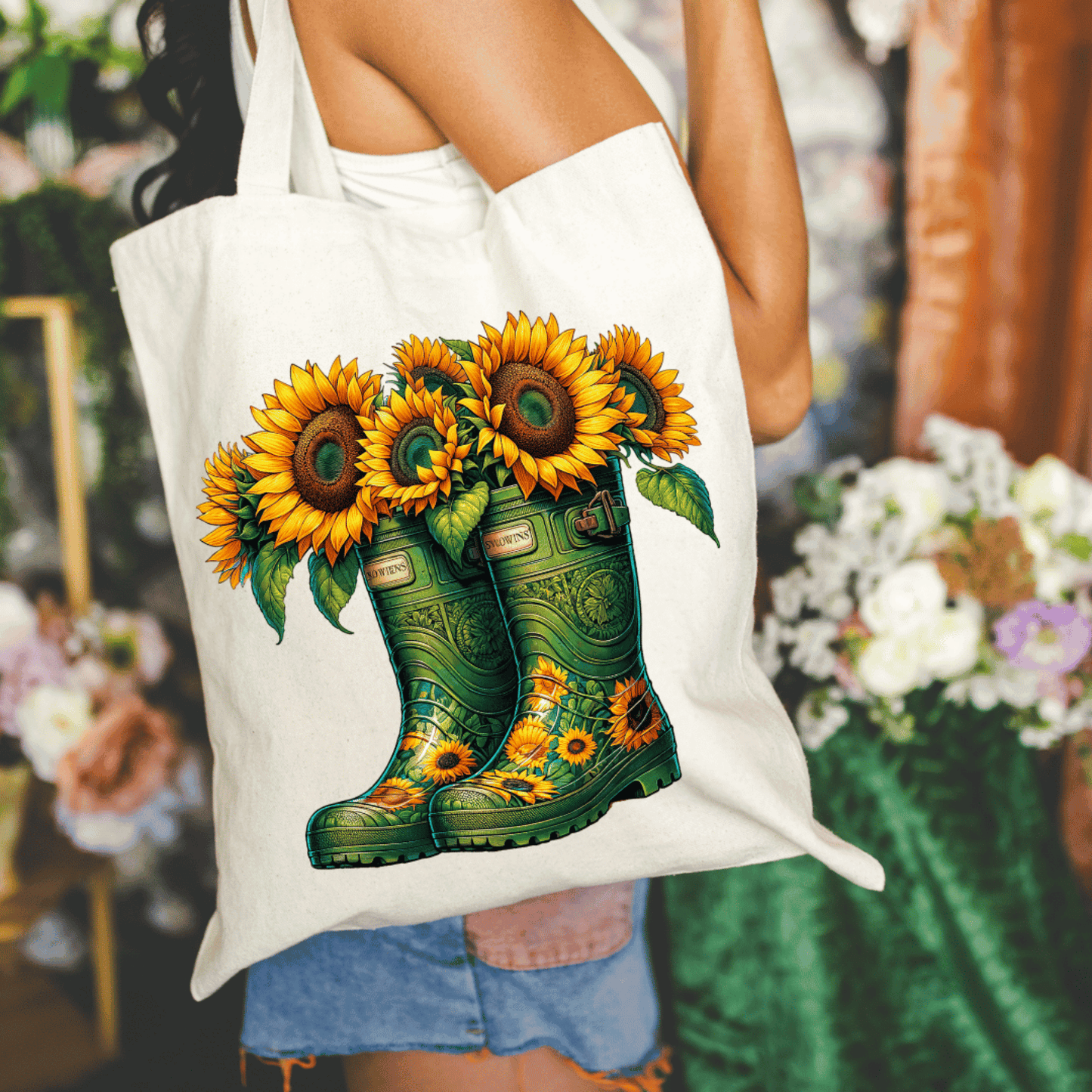 Sunflower Boots 15x16 Canvas Tote Bag