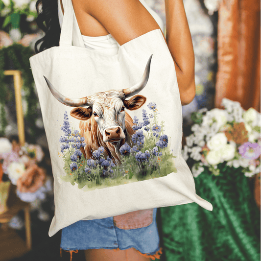 Longhorn in Blue Bonnets 15x16 Canvas Tote Bag