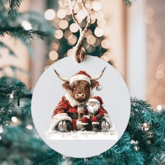 Highlander Cow Santa Large Metal Ornament