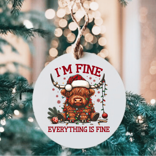 I'm Fine Highlander Cow Large Metal Ornament