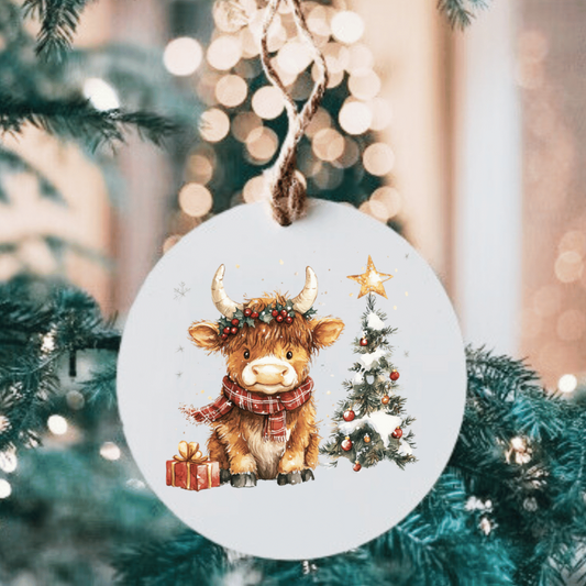 Highlander Cow and Tree Large Metal Ornament