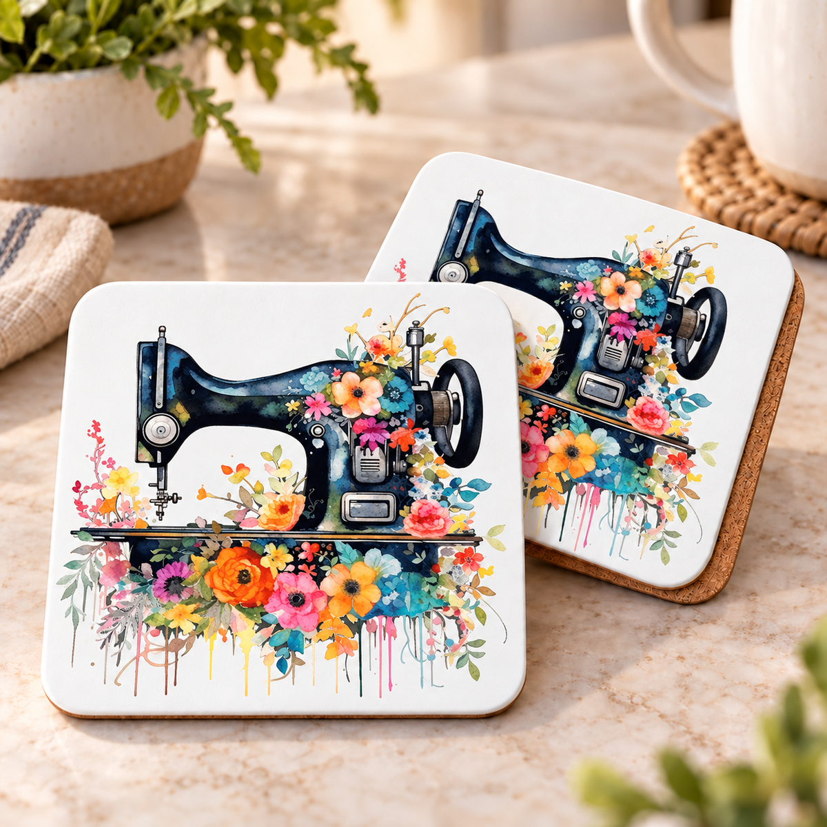 Floral Sewing Machine design 1377 on corked square coaster set of 2