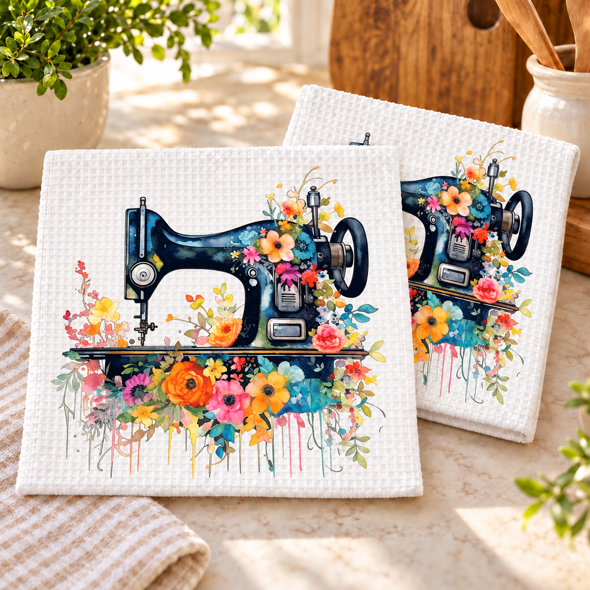 Floral Sewing Machine design 1377 on dishcloth set of 2