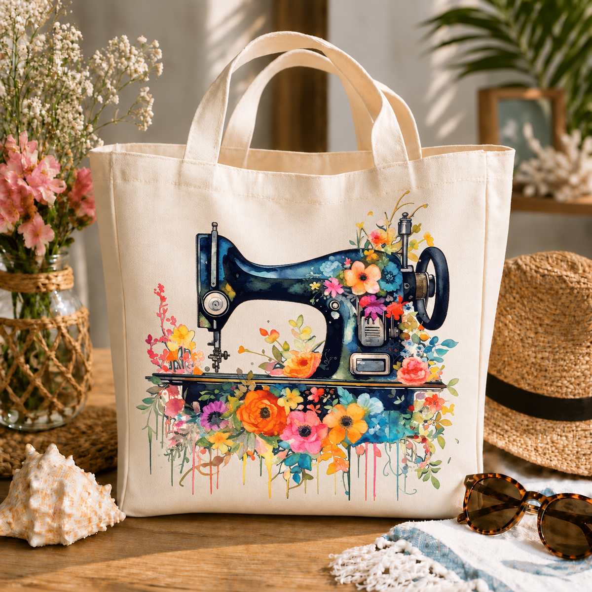 Floral Sewing Machine design 1377 on large tote