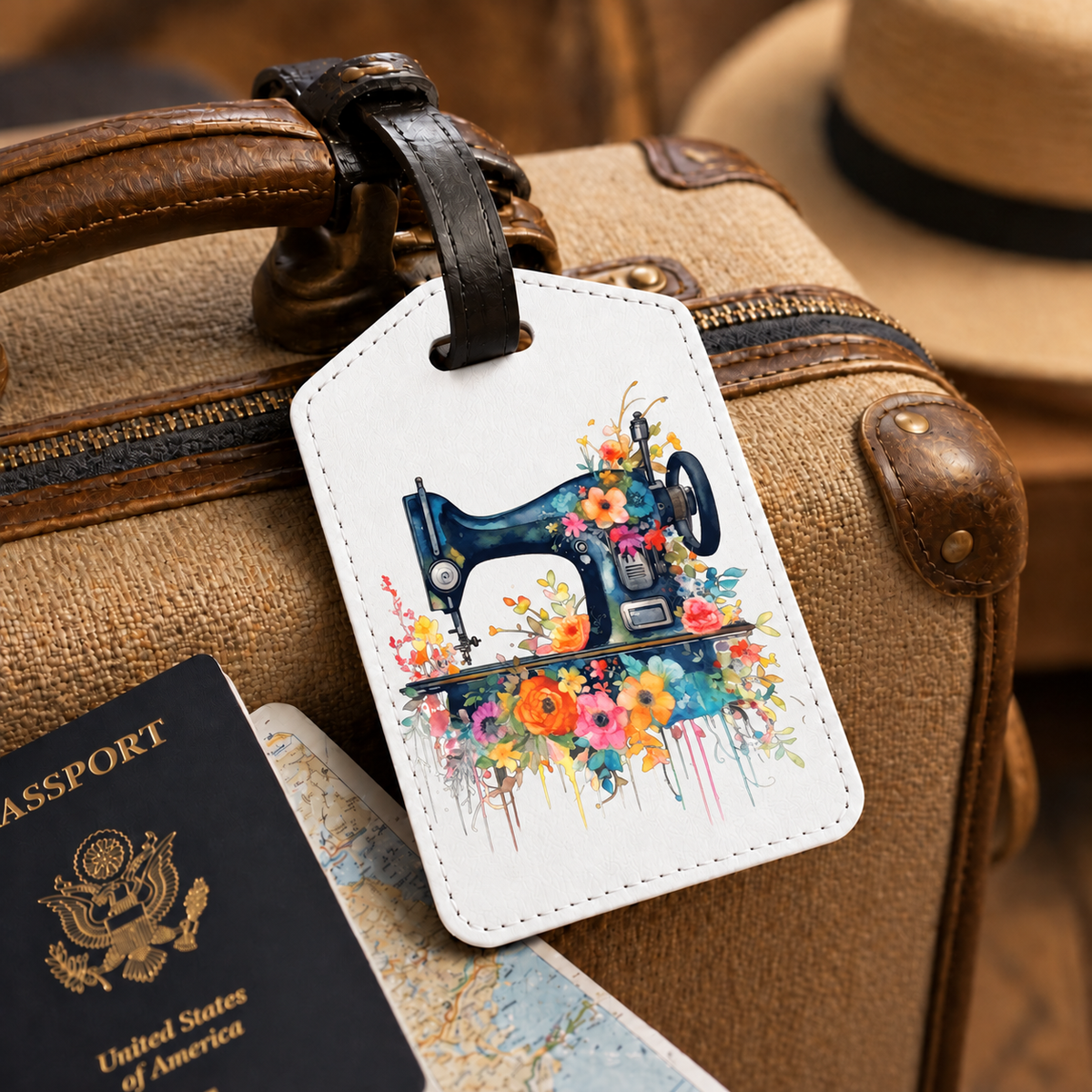 Floral Sewing Machine design 1377 on luggage tag