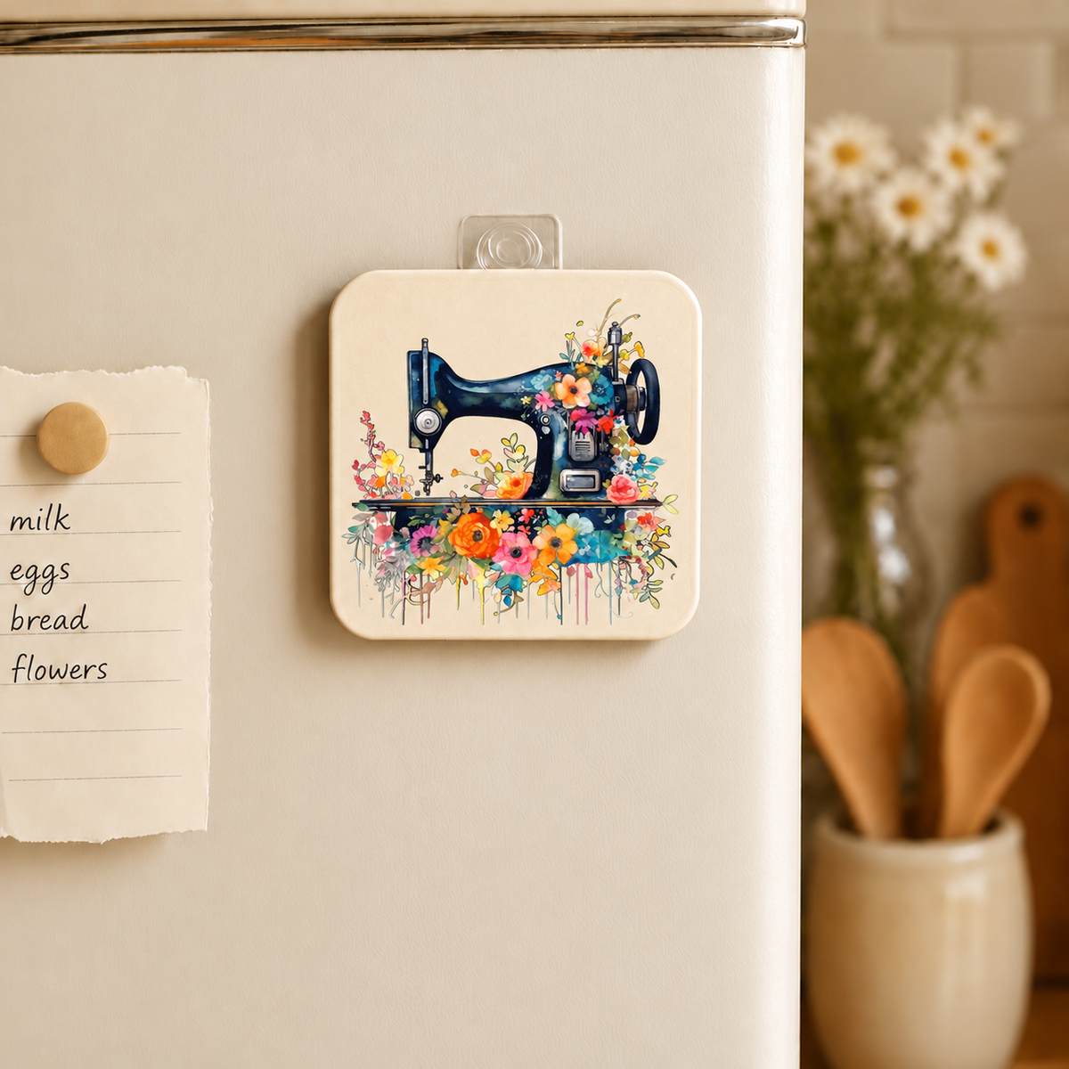 Floral Sewing Machine design 1377 on mdf wood magnet — single