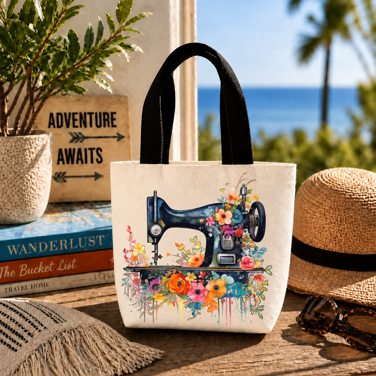 Floral Sewing Machine design 1377 on small tote