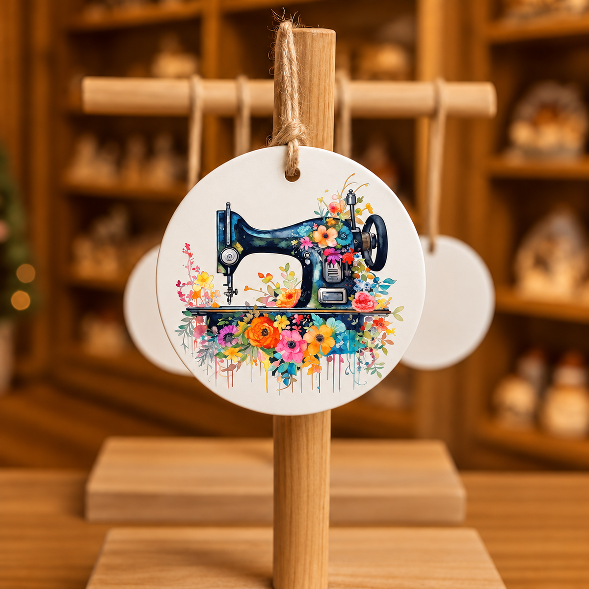 Floral Sewing Machine design 1377 on wood ornament
