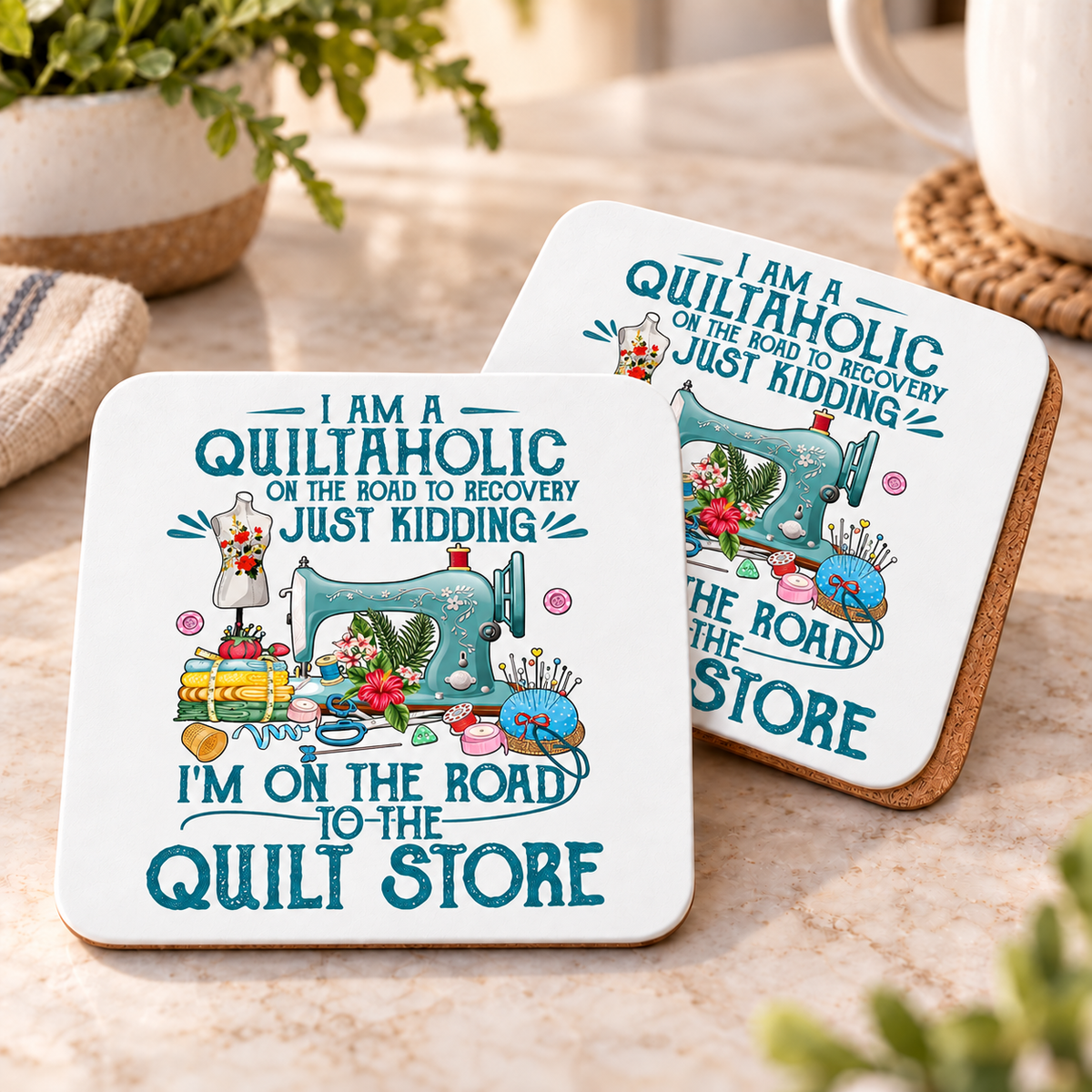 Item 1499 I Am a Quiltaholic cork-backed square coaster set of two