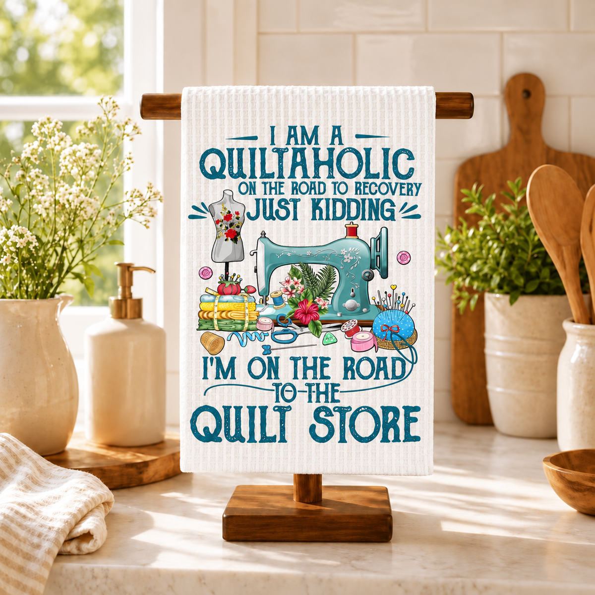 Item 1499 I Am A Quiltaholic Kitchen Towel product mockup