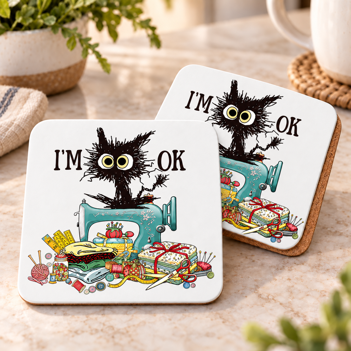 I'm Okay Funny Quilter design 1500 on corked square coaster set of 2