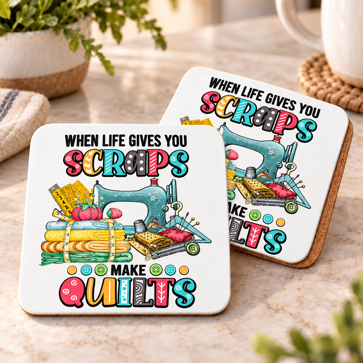 Life Gives You Scraps design 1502 on corked square coaster set of 2