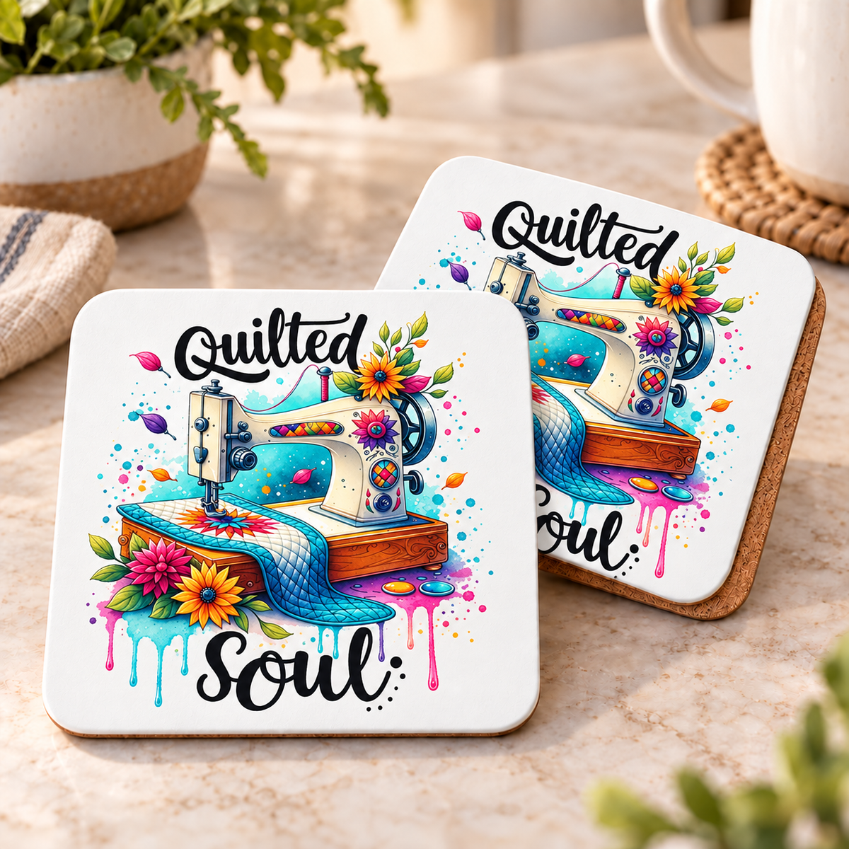 Quilted Soul design 1507 on corked square coaster set of 2