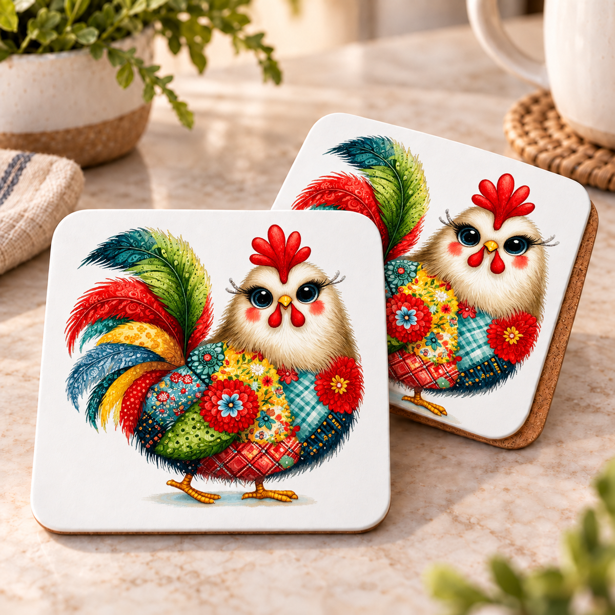 Quilted Chicken design 1508 on corked square coaster set of 2