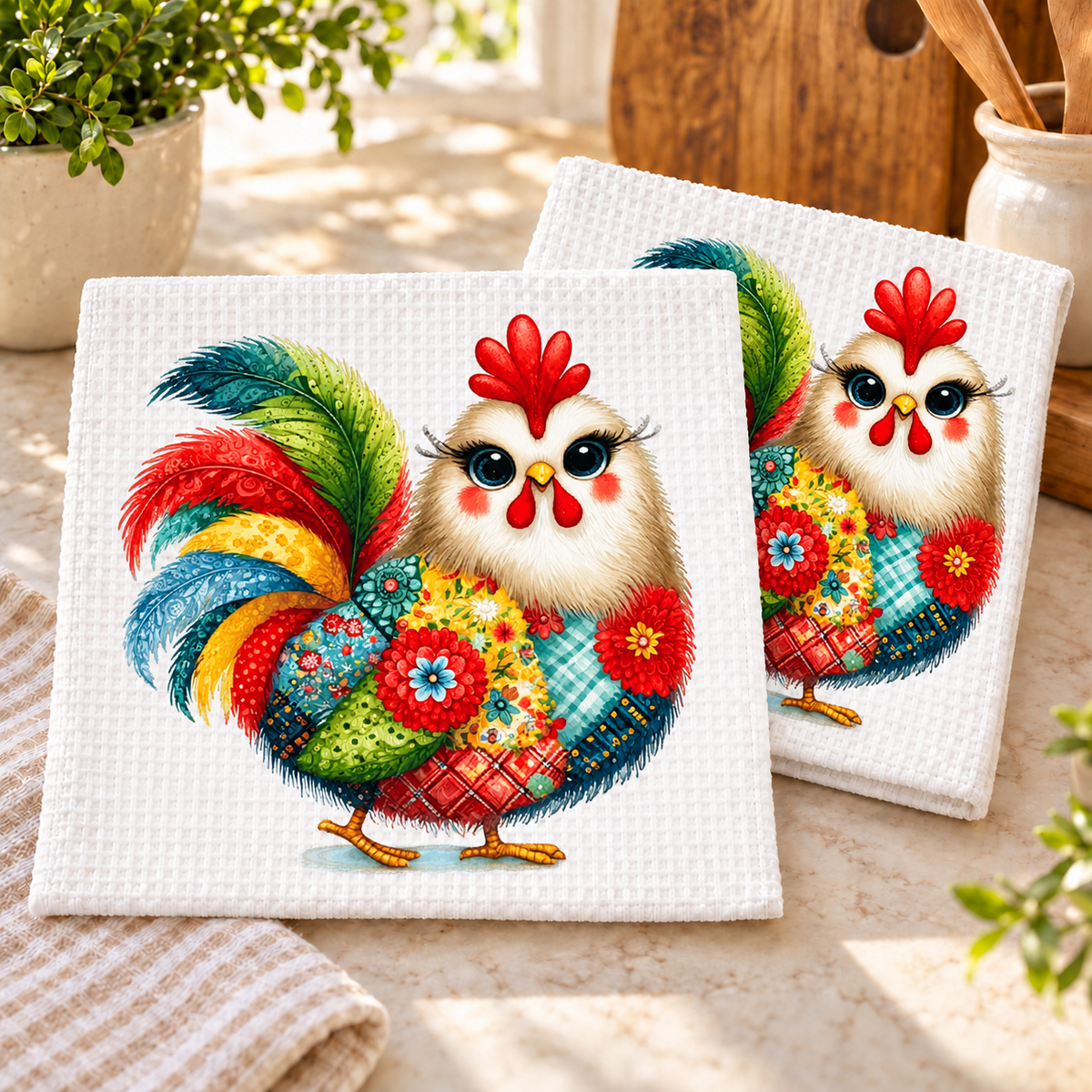 Quilted Chicken design 1508 on dishcloth set of 2