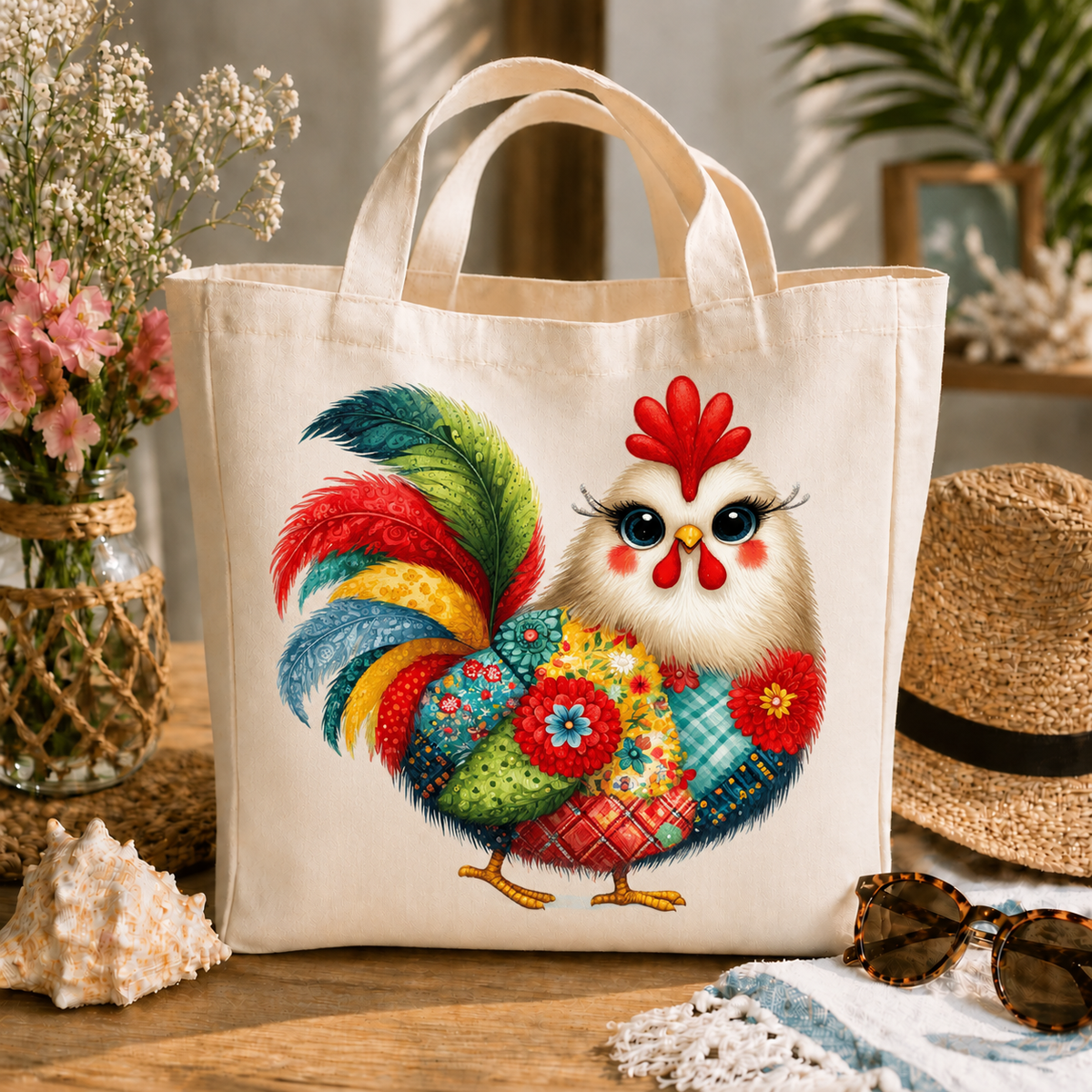 Quilted Chicken design 1508 on large tote