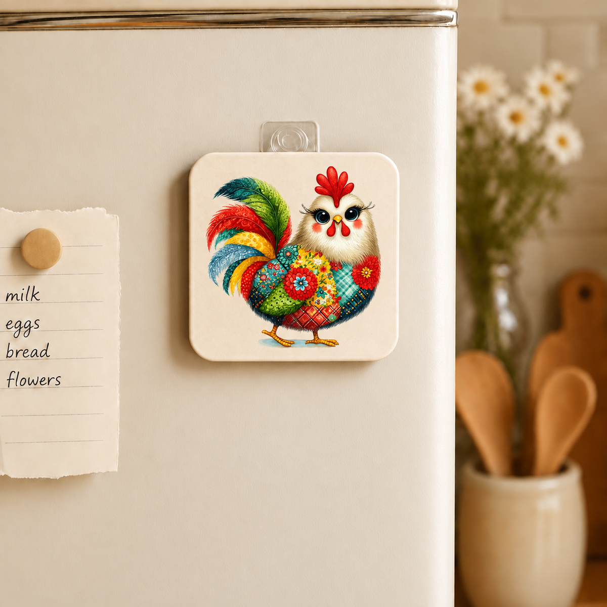 Quilted Chicken design 1508 on mdf wood magnet — single