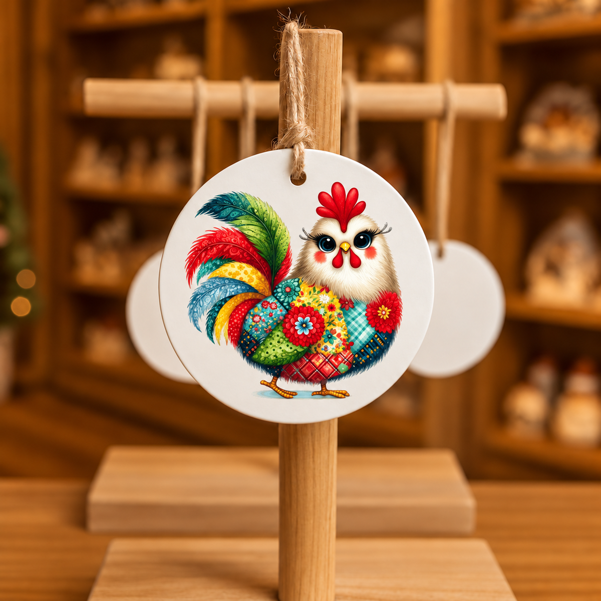 Quilted Chicken design 1508 on wood ornament