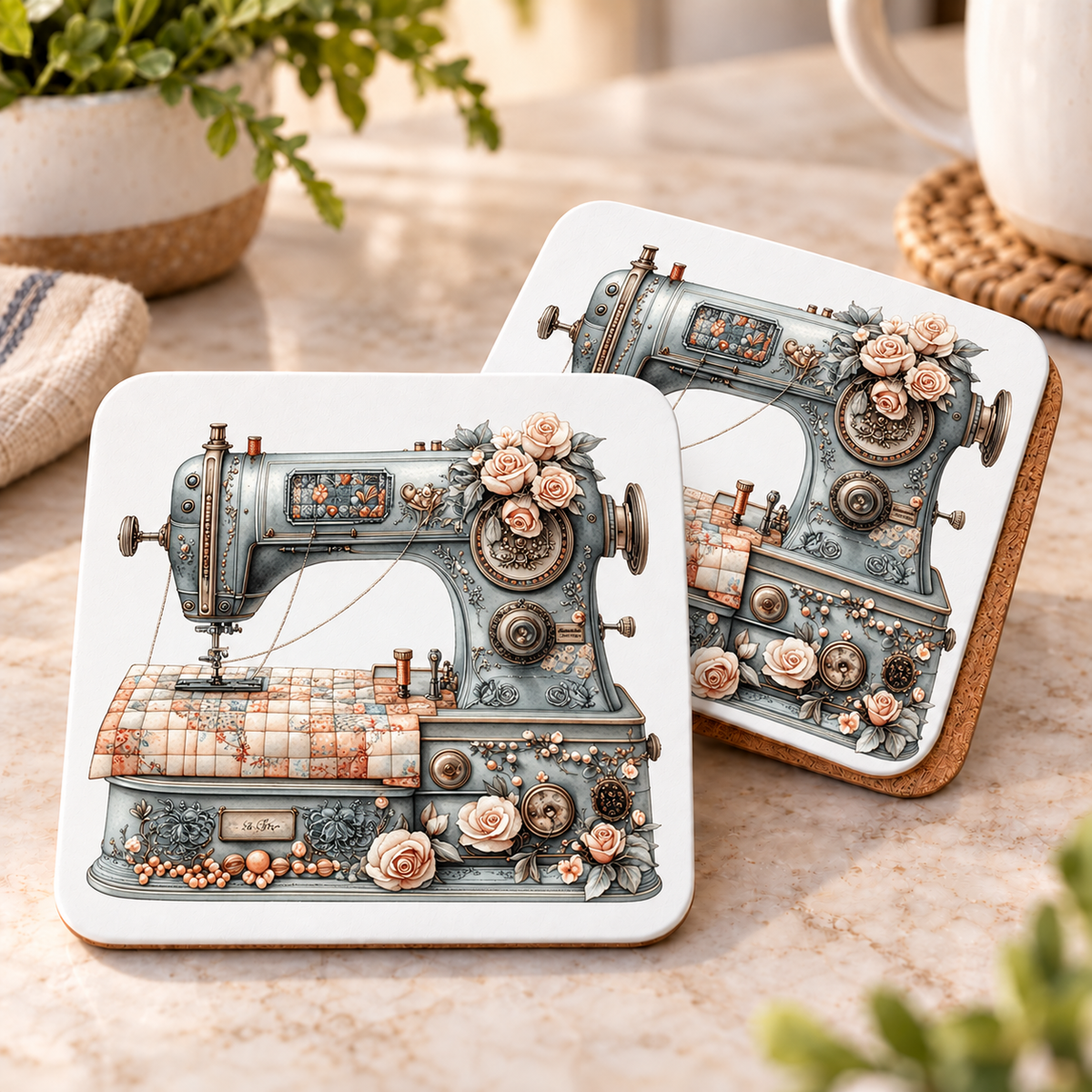 Quilting Machine With Floral design 1512 on corked square coaster set of 2
