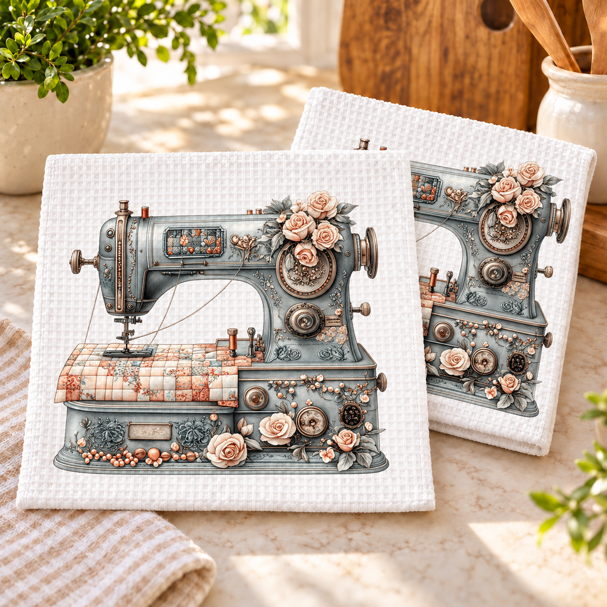 Quilting Machine With Floral design 1512 on dishcloth set of 2