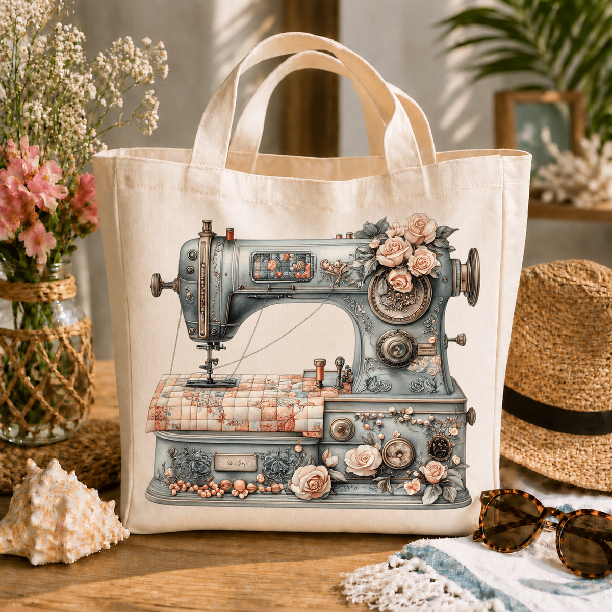 Quilting Machine With Floral design 1512 on large tote