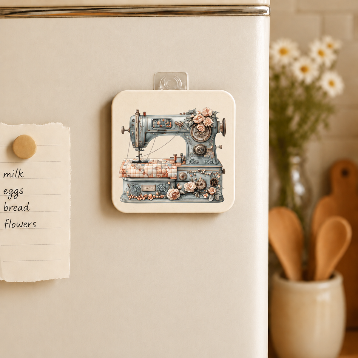 Quilting Machine With Floral design 1512 on mdf wood magnet — single
