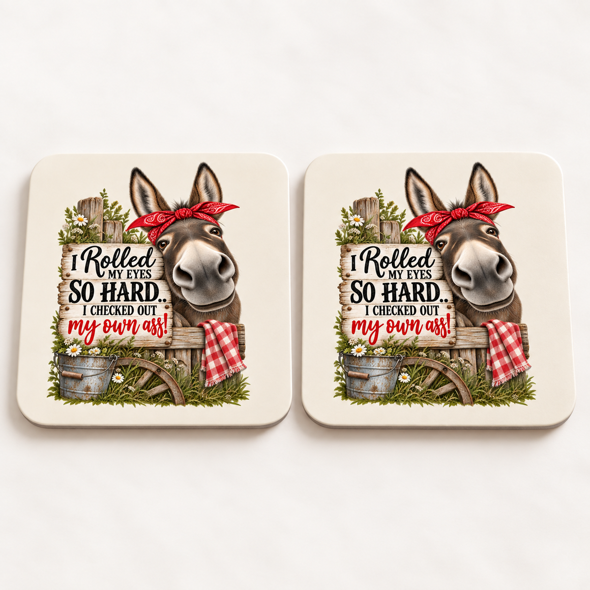 Two rounded-square coasters with centered funny donkey artwork