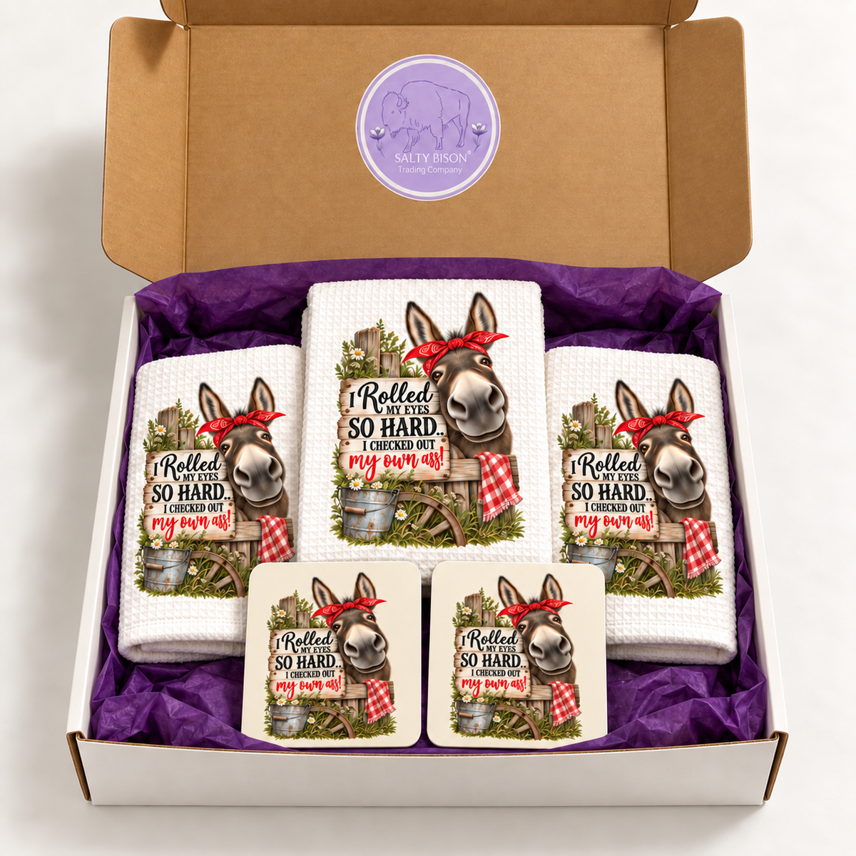 Funny donkey kitchen gift set packed in Salty Bison box with purple tissue