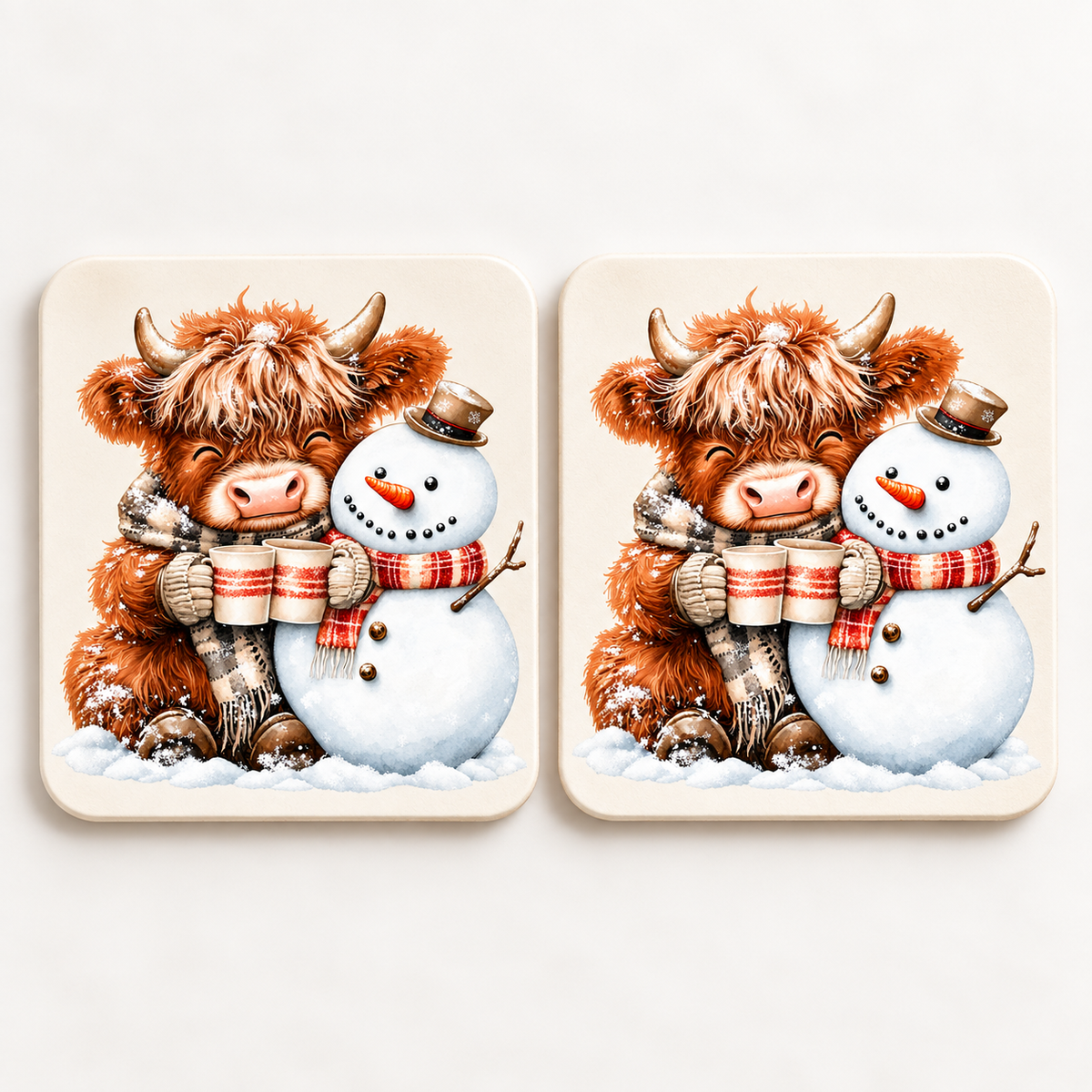 Two rounded-square coasters with centered Highland cow and snowman artwork
