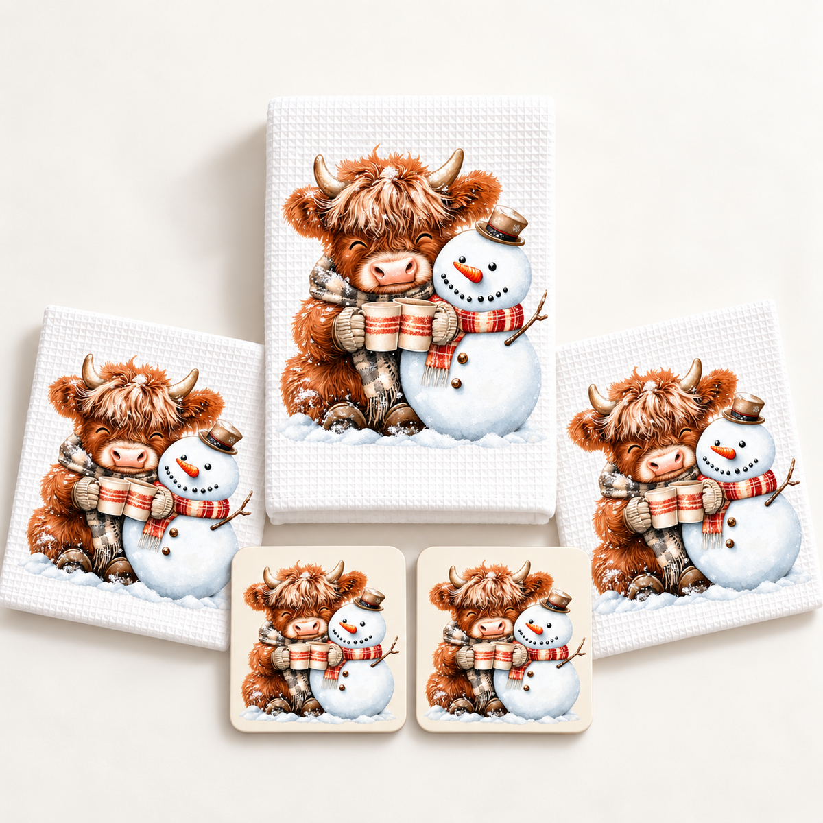 Highland cow and snowman towel, two dishcloths and two coasters laid out