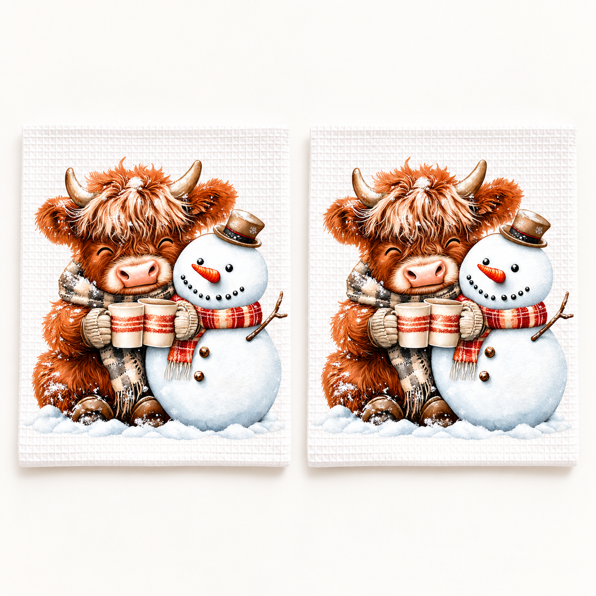 Two waffle dishcloths featuring Highland cow and snowman artwork